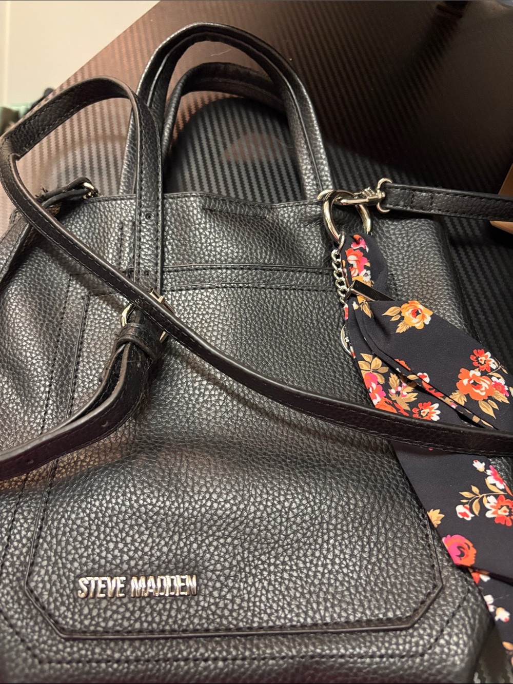 Steve Madden Black Pebbled Bag with Floral Scarf Charm